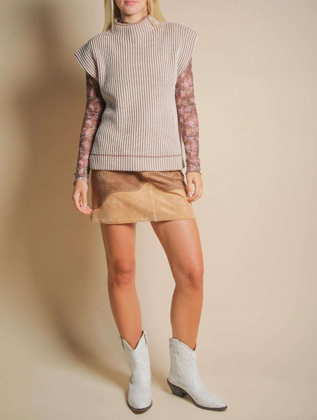 Two Tone Ribbed Knit Sweater Vest (Mocha) - Sold Out