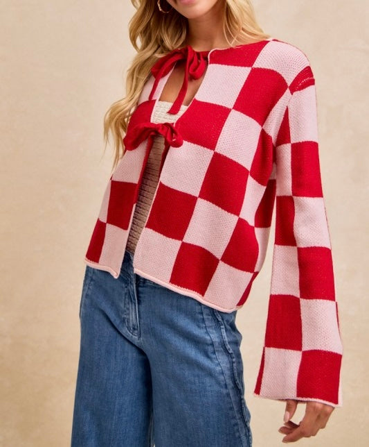 Valentine's Checker Sweater Top with Bow Tied - Sold Out