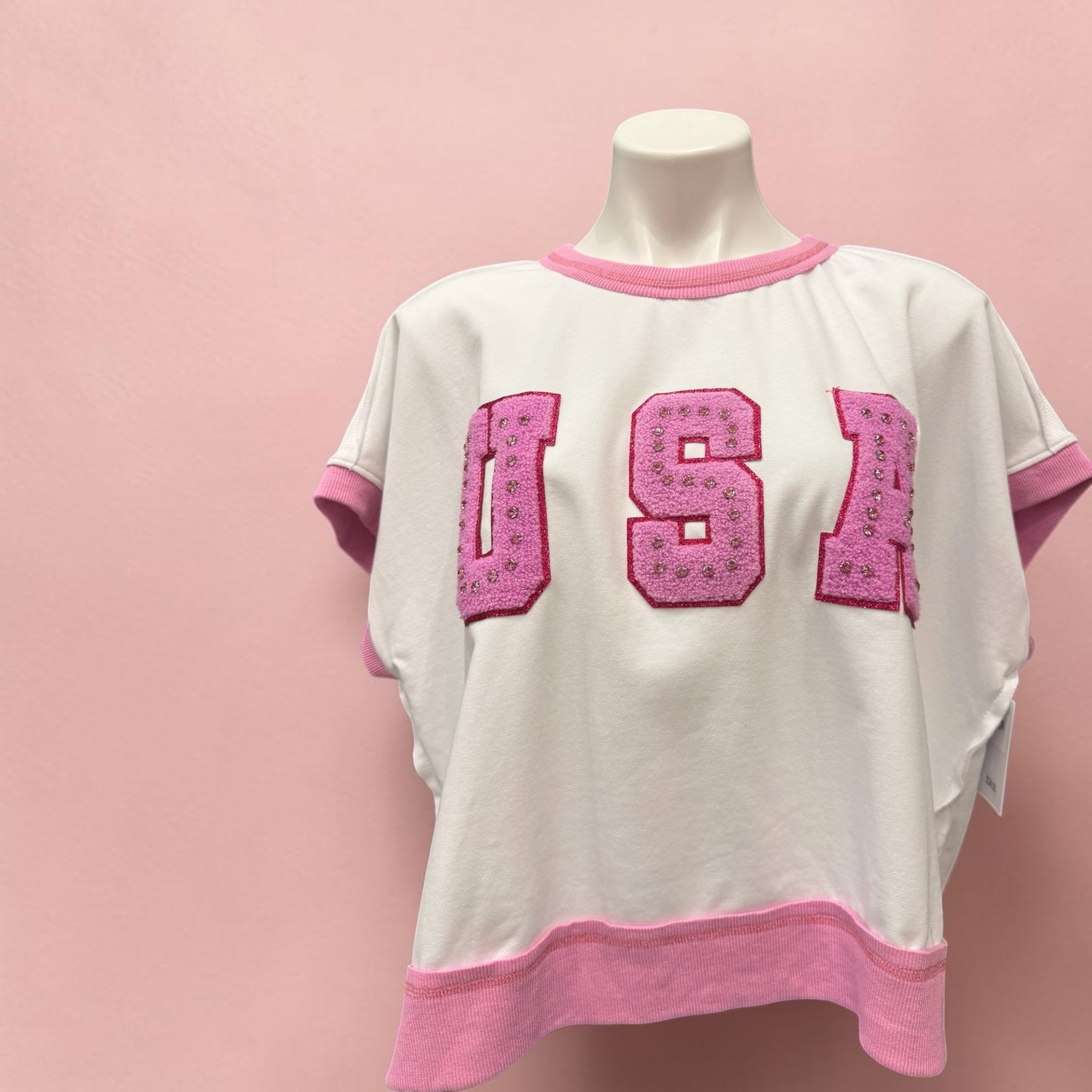 White with Pink Chenille & Rhinestone "USA" Knit Top