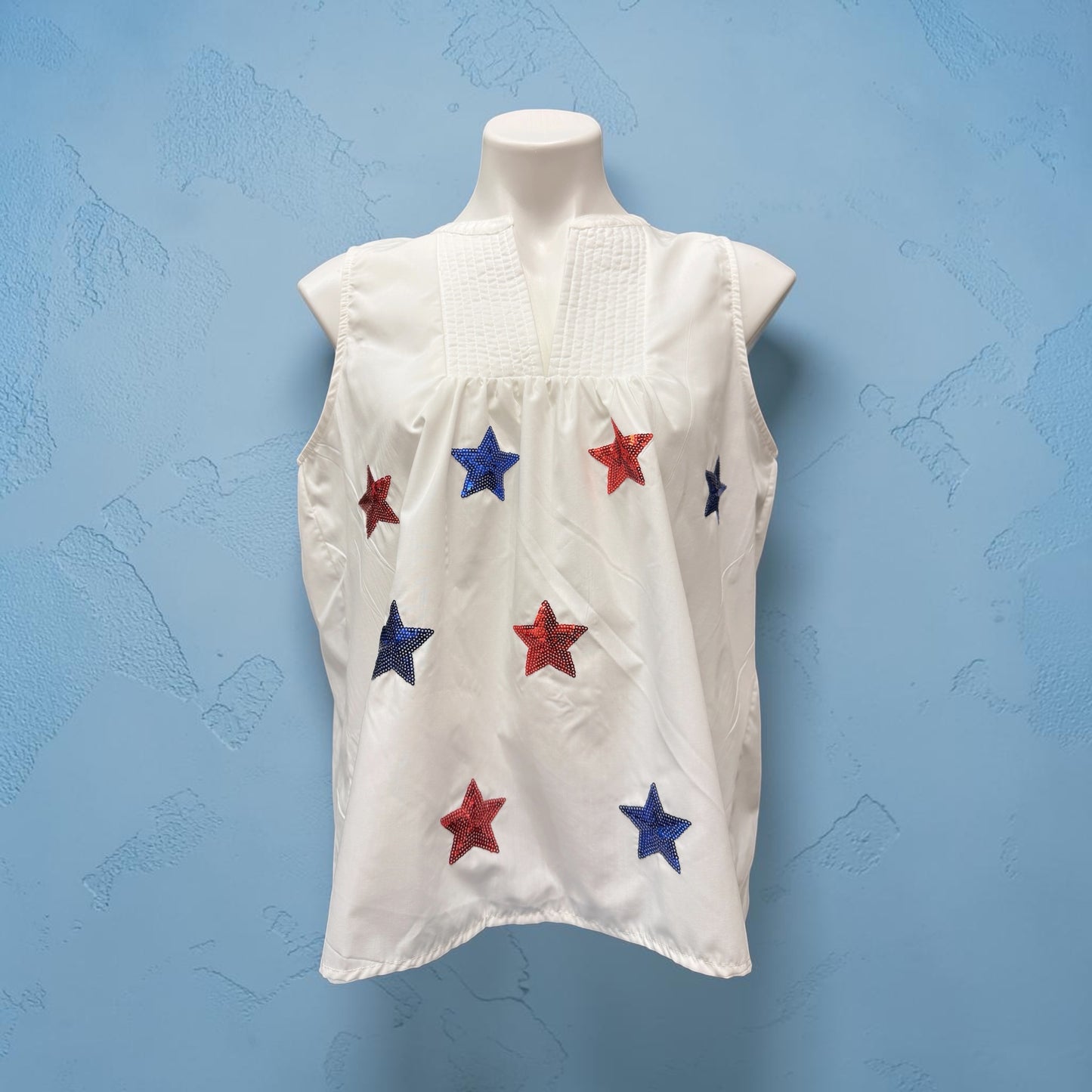 White Sleeveless Patriotic Sequin Stars Top
