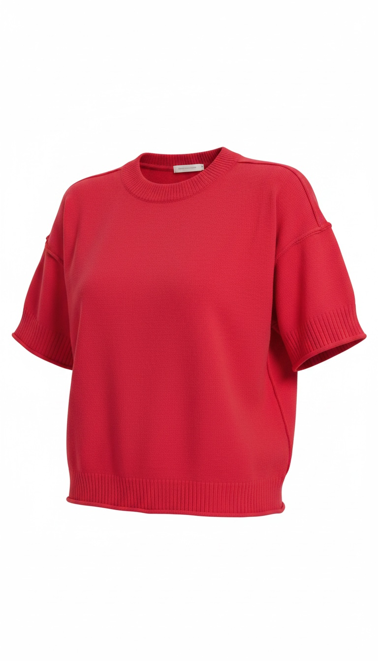 A bright red short-sleeve knit top with a crew neck and ribbed hem, displayed on a clean white background.