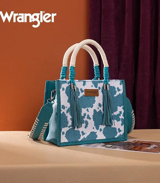 Wrangler Turquoise Cow Print Crossbody Tote Bag