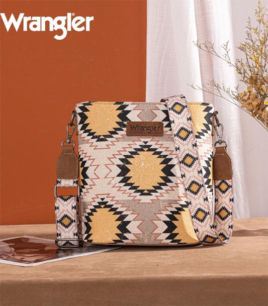 Wrangler Aztec Print Canvas PU Leather Crossbody Bag (Brown)