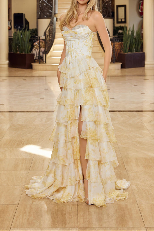 Yellow Floral Strapless Ruffle A Line Beaded Sweetheart Neckline Gown