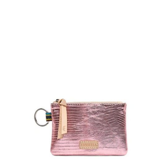 Pink metallic wallet with a keychain on a white background