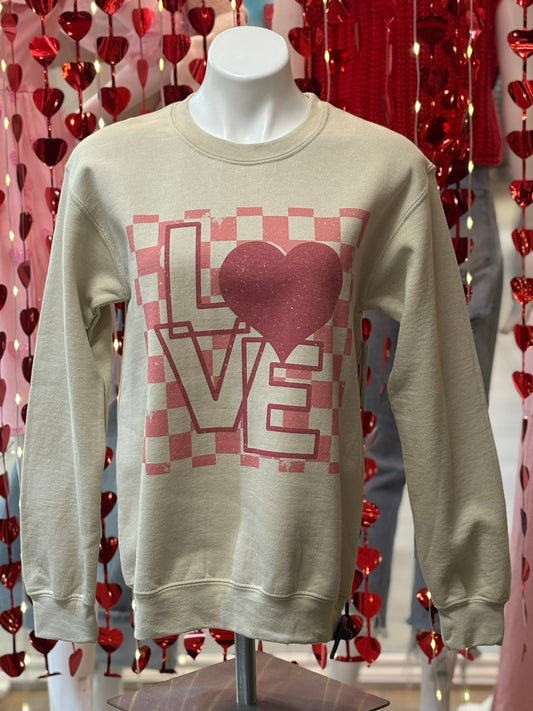 Checkered Puzzle Heart "Love" Graphic Design Sweatshirt
