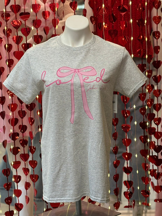 "Love" Graphic Gray T-Shirt w/ Pink Bow