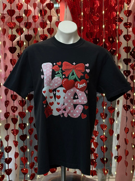 Black Valentines Faux Knit "Love" T-Shirt