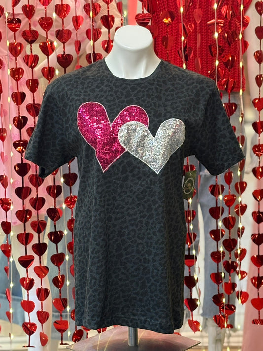 Pink & Silver Sequin Hearts Leopard T-Shirt
