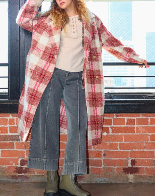 Oversized Plaid Soft Fuzzy Button Down Long Coat (Rose Mix) Sold out
