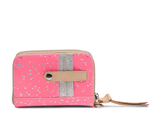 Pink wallet with glittery stripe and keychain on a white background