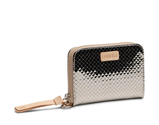 Silver woven wallet with beige strap on a white background