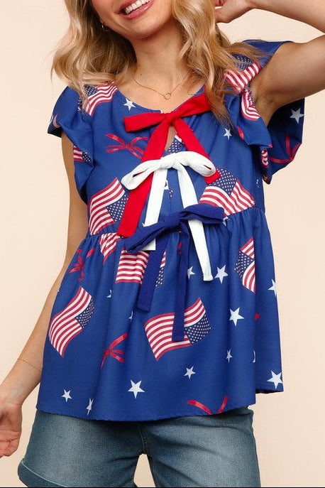 American Flag Blue & Red Stars & Bow Print Woven Top