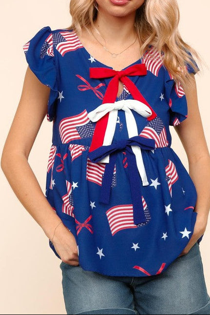 American Flag Blue & Red Stars & Bow Print Woven Top