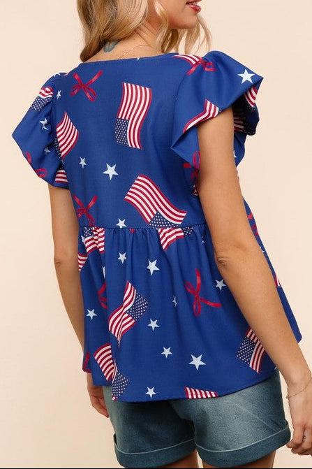American Flag Blue & Red Stars & Bow Print Woven Top
