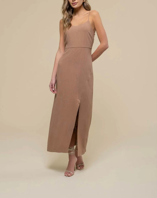 Back Tie Slit Cami Midi Dress (Taupe/Tan)