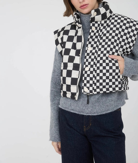 Checkered Cropped Puffer Vest (Black)