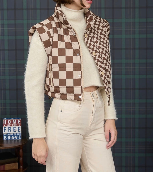 Checkered Cropped Puffer Vest (Brown)