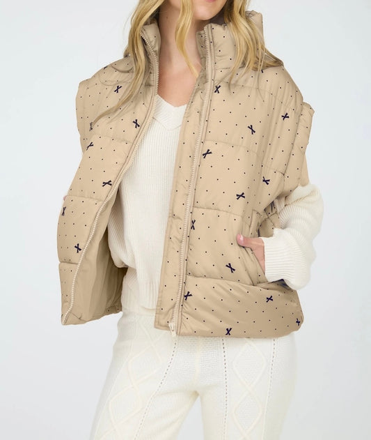 Polka Dot Bow Pattern Zip-Up Puffer Vest (Light Khaki)
