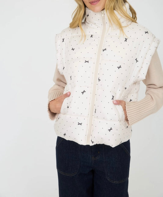 Polka Dot Bow Pattern Zip-Up Puffer Vest (Ivory)