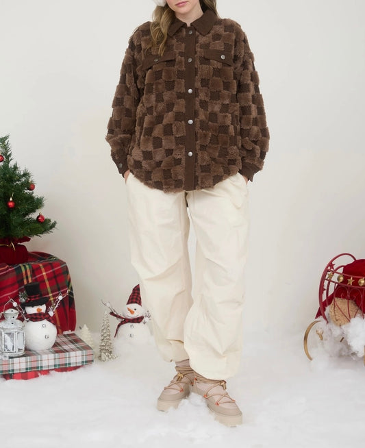 Checkered Faux Shearling Button Down Shacket - Sold out