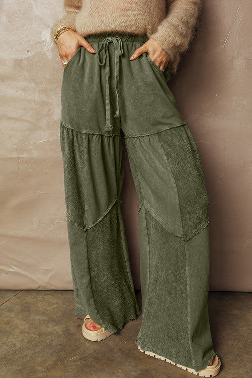 Mineral Wash Patchwork Tiered Wide Leg Pants (Green)