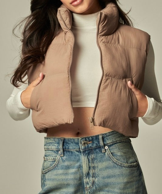 Cropped Mini Puffer Vest (Taupe)