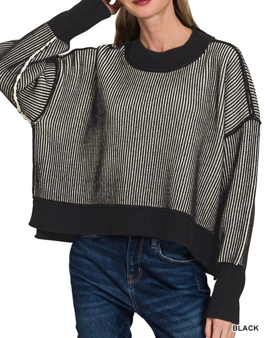 Exposed Seam Two Tone Sweater (Black)