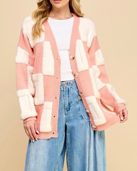 Blush Square Chess Chunky Knit Cardigan