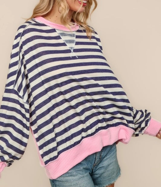 Crew Neck Loose Fit Stripe Pullover Knit Top - Sold Out