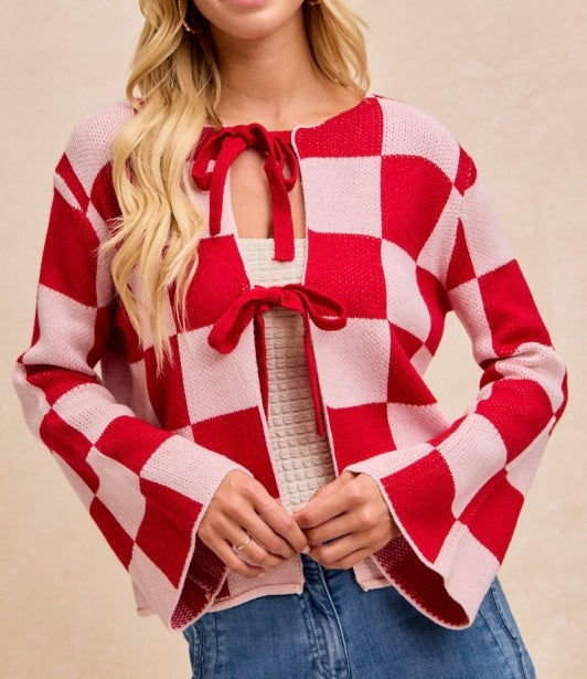 Valentine's Checker Sweater Top with Bow Tied - Sold Out