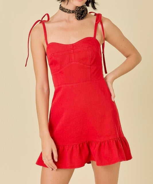 Denim Mini Dress w/Ruffle Hem and Shoulder Ties (Red)