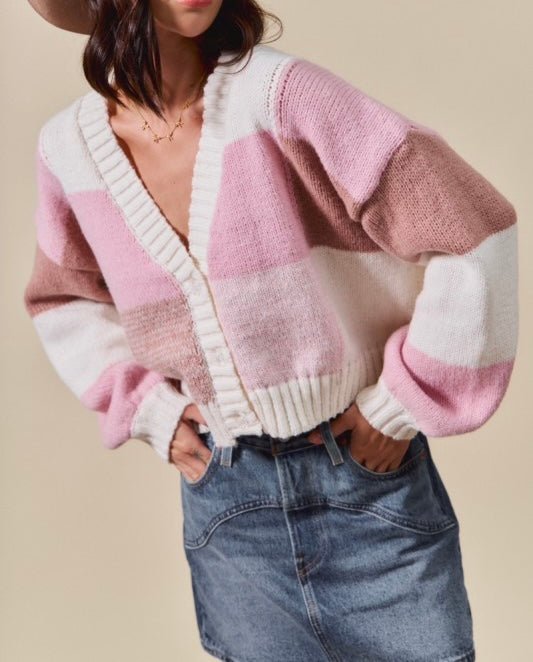 Color Block Checkered Button Down Sweater Cardigan