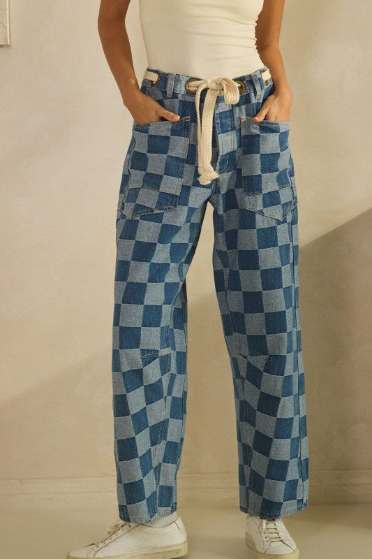 Vintage Checkered Denim Blue with Rope String