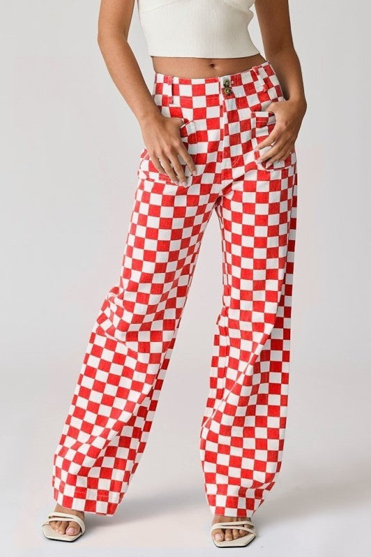 Checkered Red Wide Leg Pants