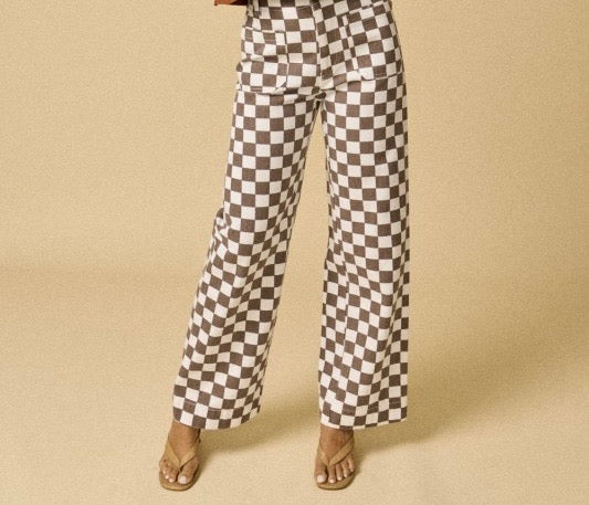 Checkered Taupe Wide Leg Pants