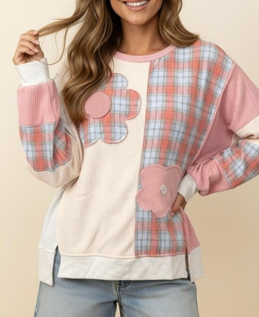 Plaid Woven Solid Textured Knit Top