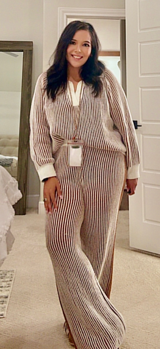 Two Tone Rib Texture Sweater and Pants Set