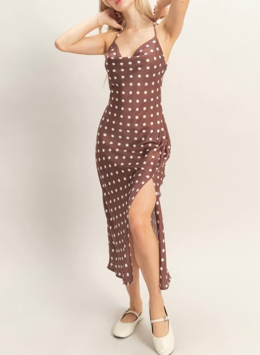Chocolate Polka Dot Satin Dress (White Dots)