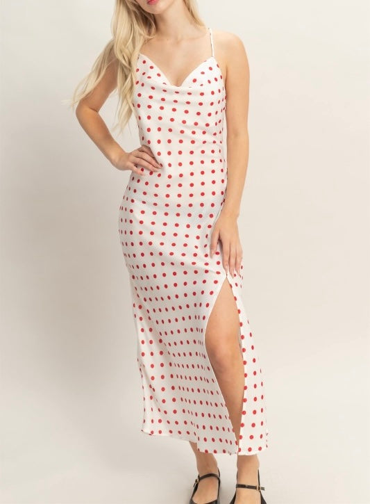 White Polka Dot Satin Dress (Red Dots)
