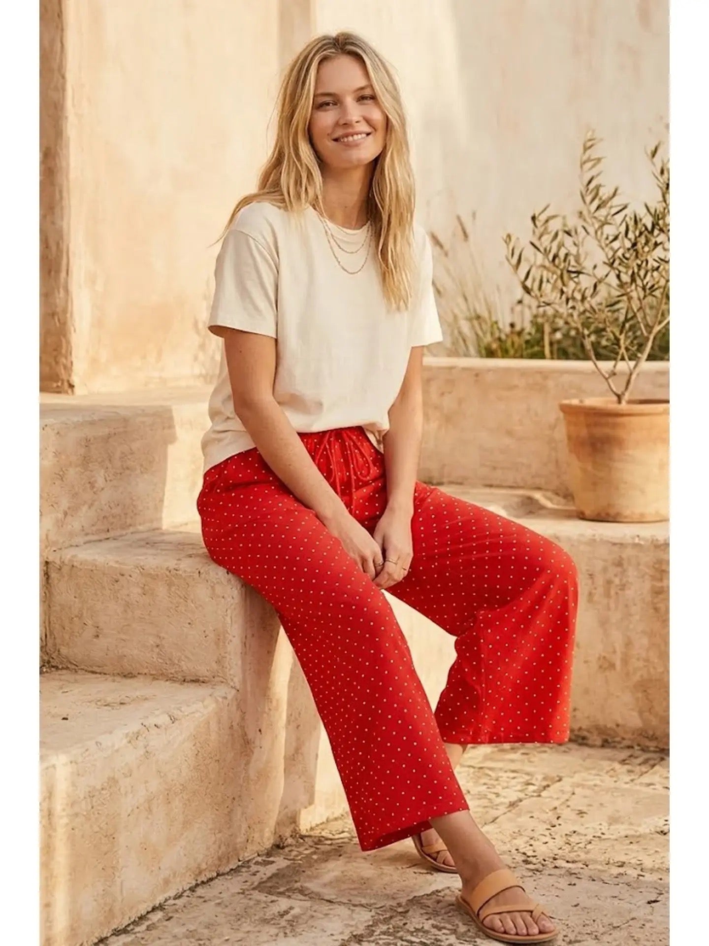 Red & White Polka Dot Wide-Leg Pants with Drawstring