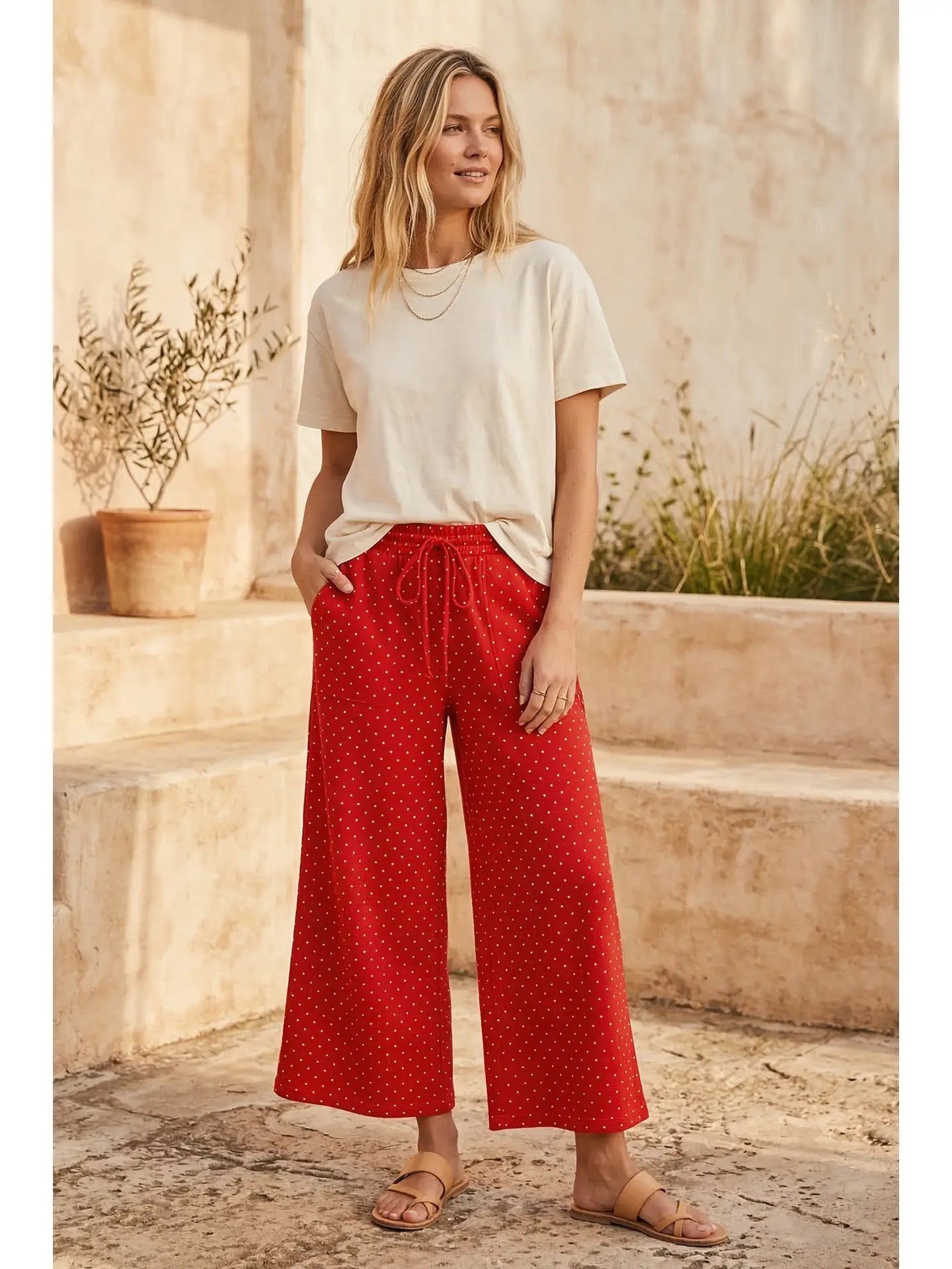 Red & White Polka Dot Wide-Leg Pants with Drawstring