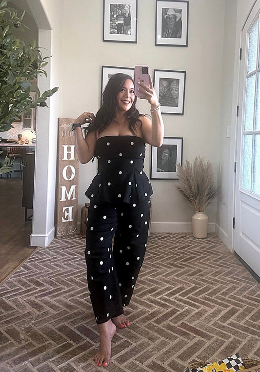 Black Polka Dot Denim Tube Top with Matching barrel pants