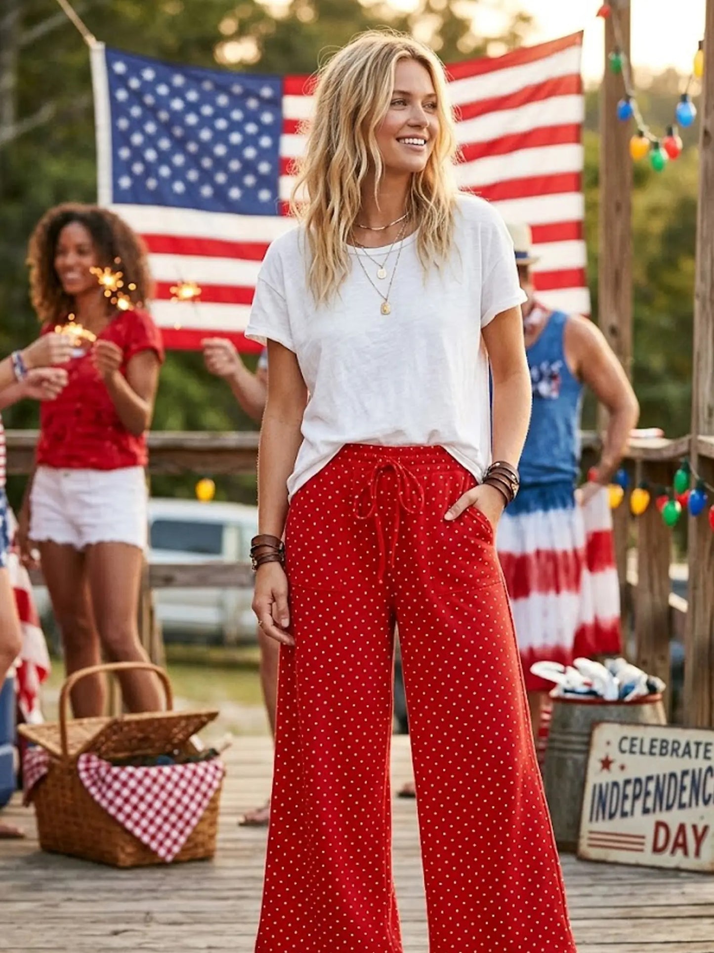 Red & White Polka Dot Wide-Leg Pants with Drawstring