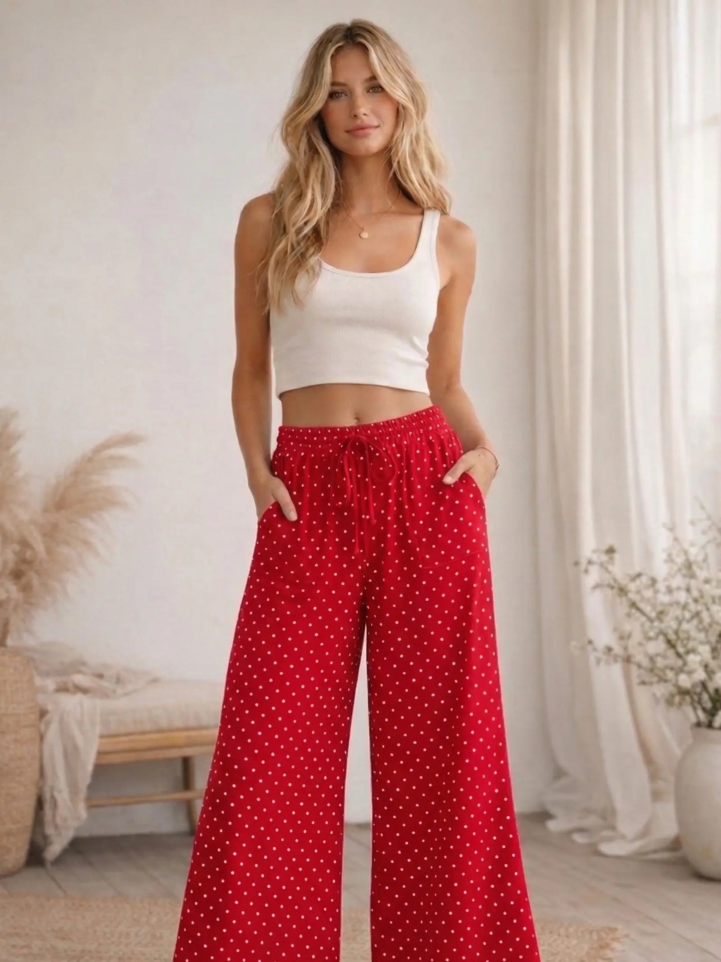 Red & White Polka Dot Wide-Leg Pants with Drawstring