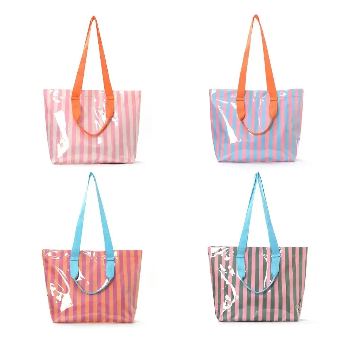 Waterproof Striped Plastic Tote with Orange Handles