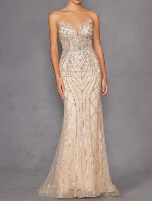 Beaded Fitted Strapless Gown - Champage/Silver
