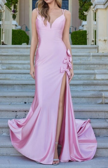 Strapless corset gown with ruching and slit (Baby Pink)