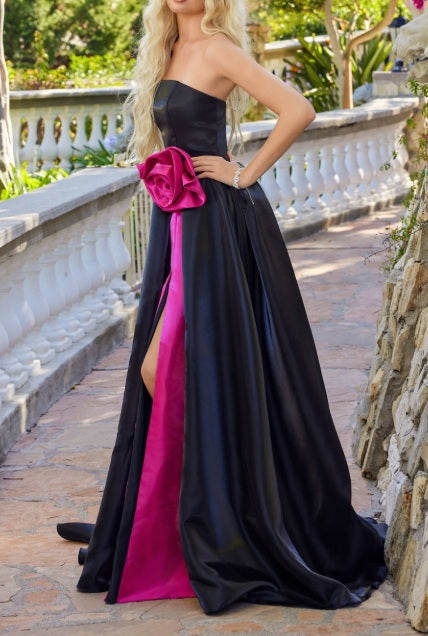 Strapless moonlight organza gown with oversized rosette detail (Black / Fuchsia)