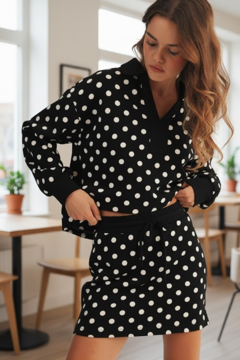 Polka Dot Collared Top & Skirt Set